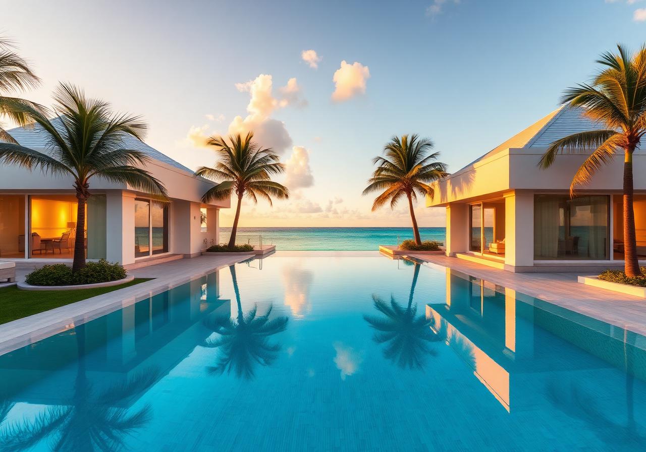Caribbean beachfront estate at dusk